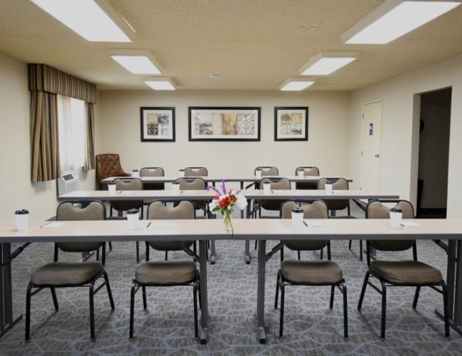 A small conference room with long tables and chairs arranged in rows, a flower centerpiece, wall art, and soft natural/fluorescent lighting.